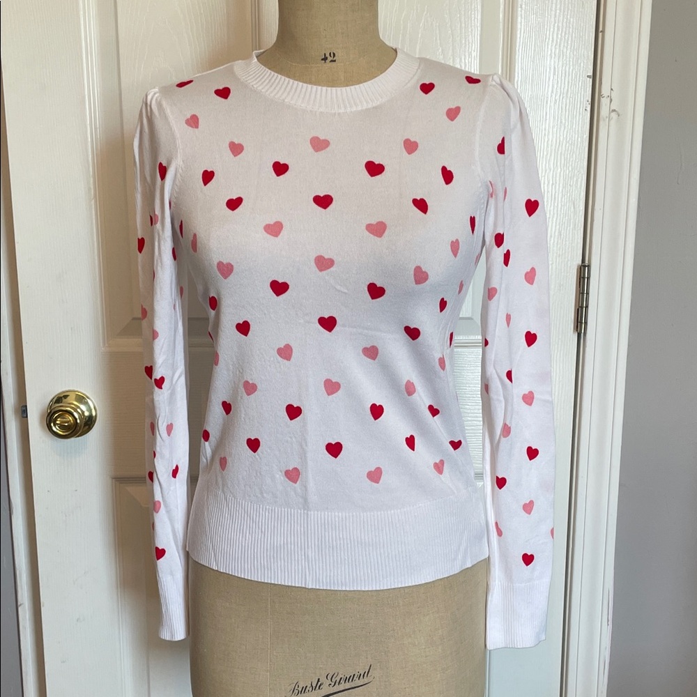Marled White Long Sleeve Top with Red and Pink Hearts